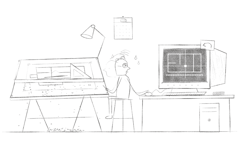 An architect turns from a drawing board strewn with eraser crumbs to a computer showing a floor plan, an undo arrow pinned to the screen.