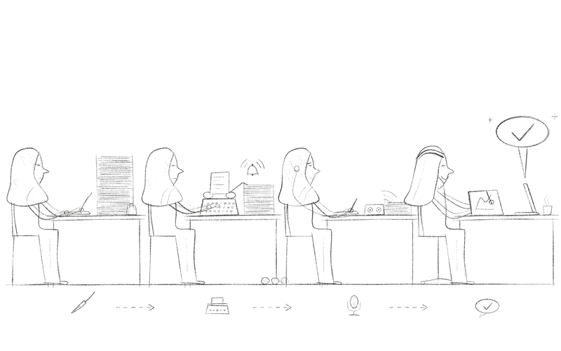 The same assistant at four desks through time, from pen to typewriter to dictation to a laptop, ending in a speech bubble with a tick.