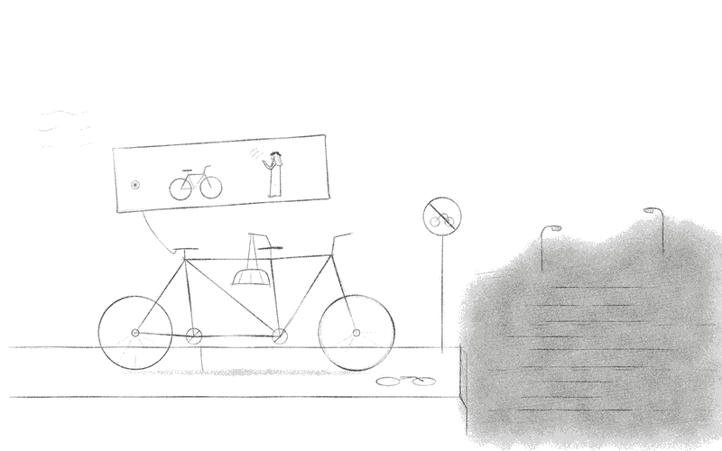 A tandem bicycle parked by a no-cycling sign at the edge of the highway, its empty back seat offered to a planner pictured on a board above it.