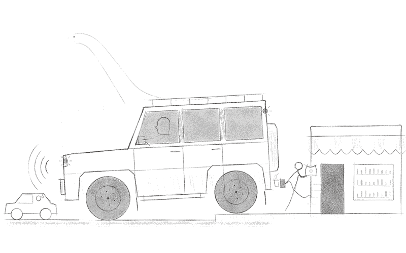 Sketch of an SUV outside a corner shop, horn sounding, a boy running out with the order
