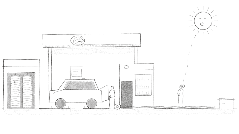 Sketch of a car at an Emarat petrol station, door to door