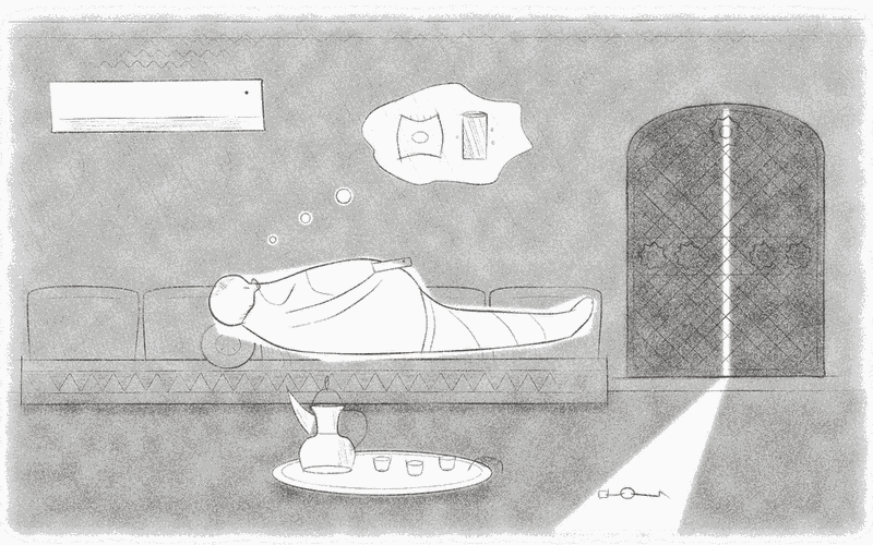 Sketch of a man on a sofa in a dark room, coffee within reach, the corner shop 100 metres away