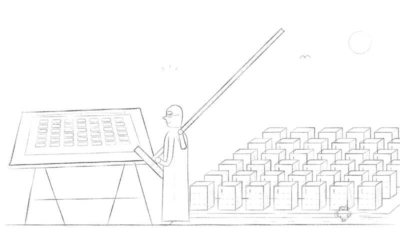 The planner admires his perfect grid on the drawing board while, behind his back, the city he built stands perfectly ordered and perfectly empty, save for a tumbleweed.