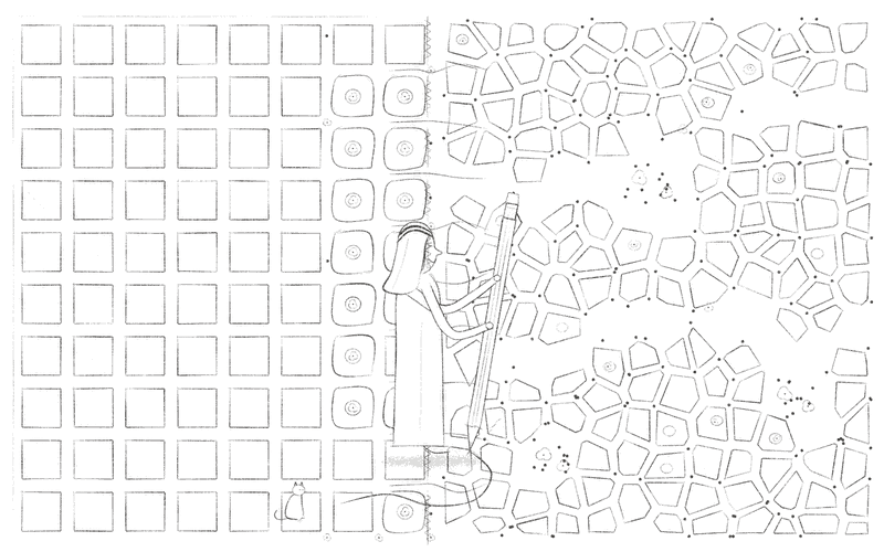 One person stands on the seam with a giant pencil, stitching the ruled grid to the organic lanes until both become a single living neighbourhood.