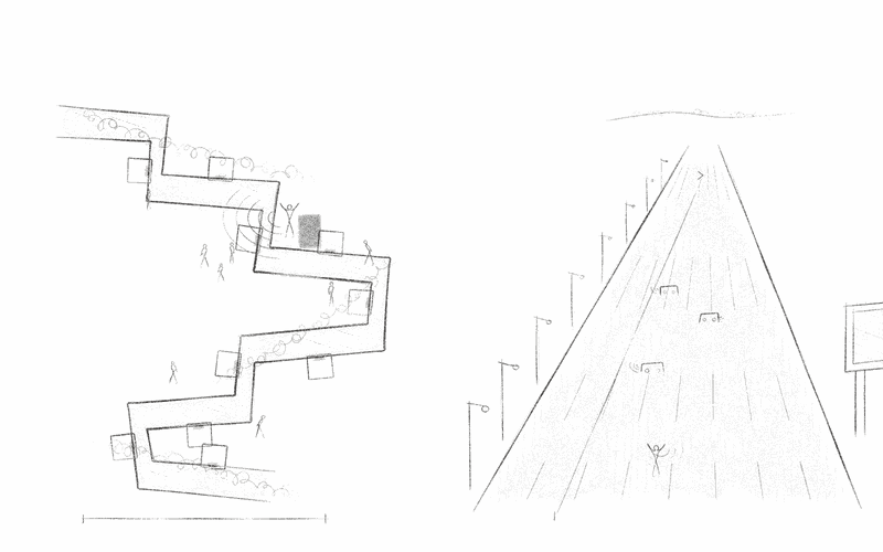 Pen sketch: a short zigzag sikka with a dead end and sound reaching neighbours, beside an endless straight boulevard.