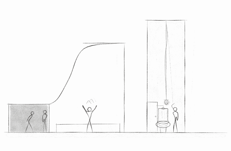 Pen sketch: a person moves from a low compressed passage into a double-height room, beside a tiny guest toilet with a five-metre ceiling.