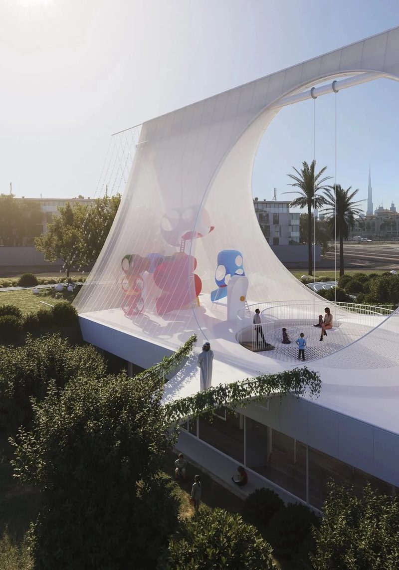 Al Wasl Nursery · UAE — the white tent with its round opening, seen from the garden