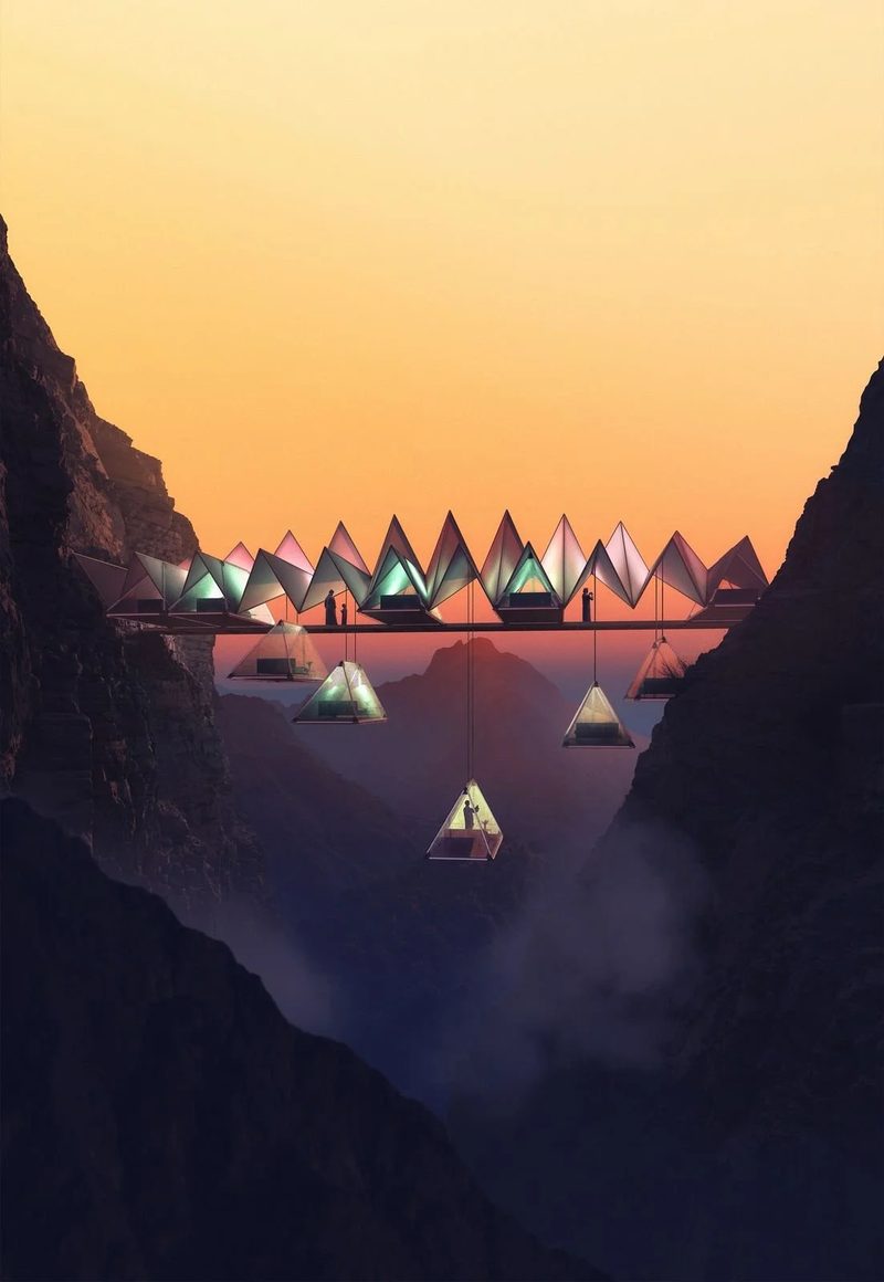 The Floating Retreat · Sharjah mountains — rooms hanging from the cliff at sunset, portrait