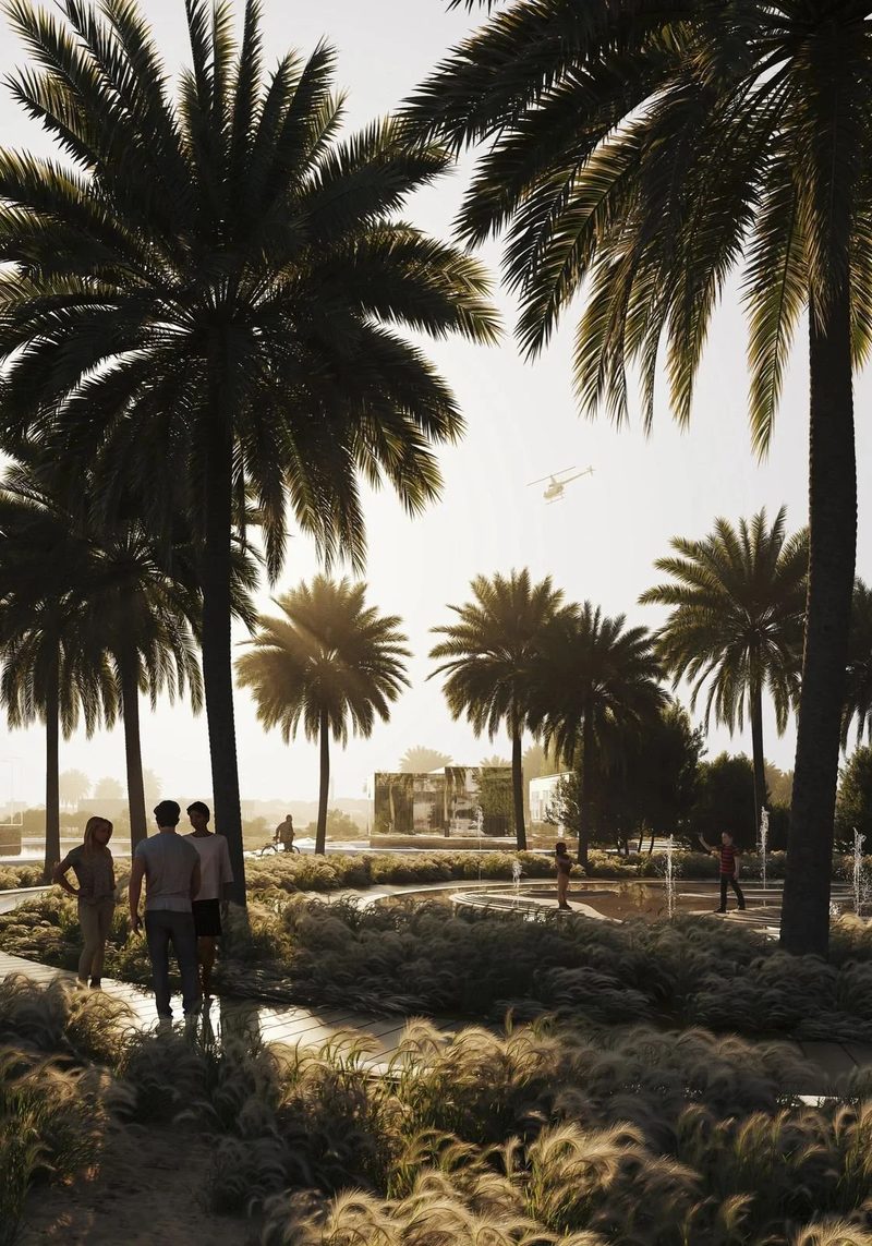 Jumeirah Archaeological Square · Jumeirah — visitors walking under tall palms toward the ruins