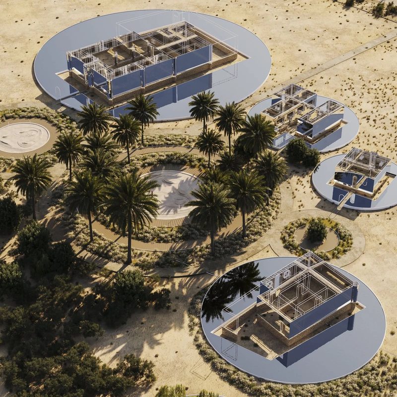 Jumeirah Archaeological Square · Jumeirah — the ruins in round pools among palms, aerial